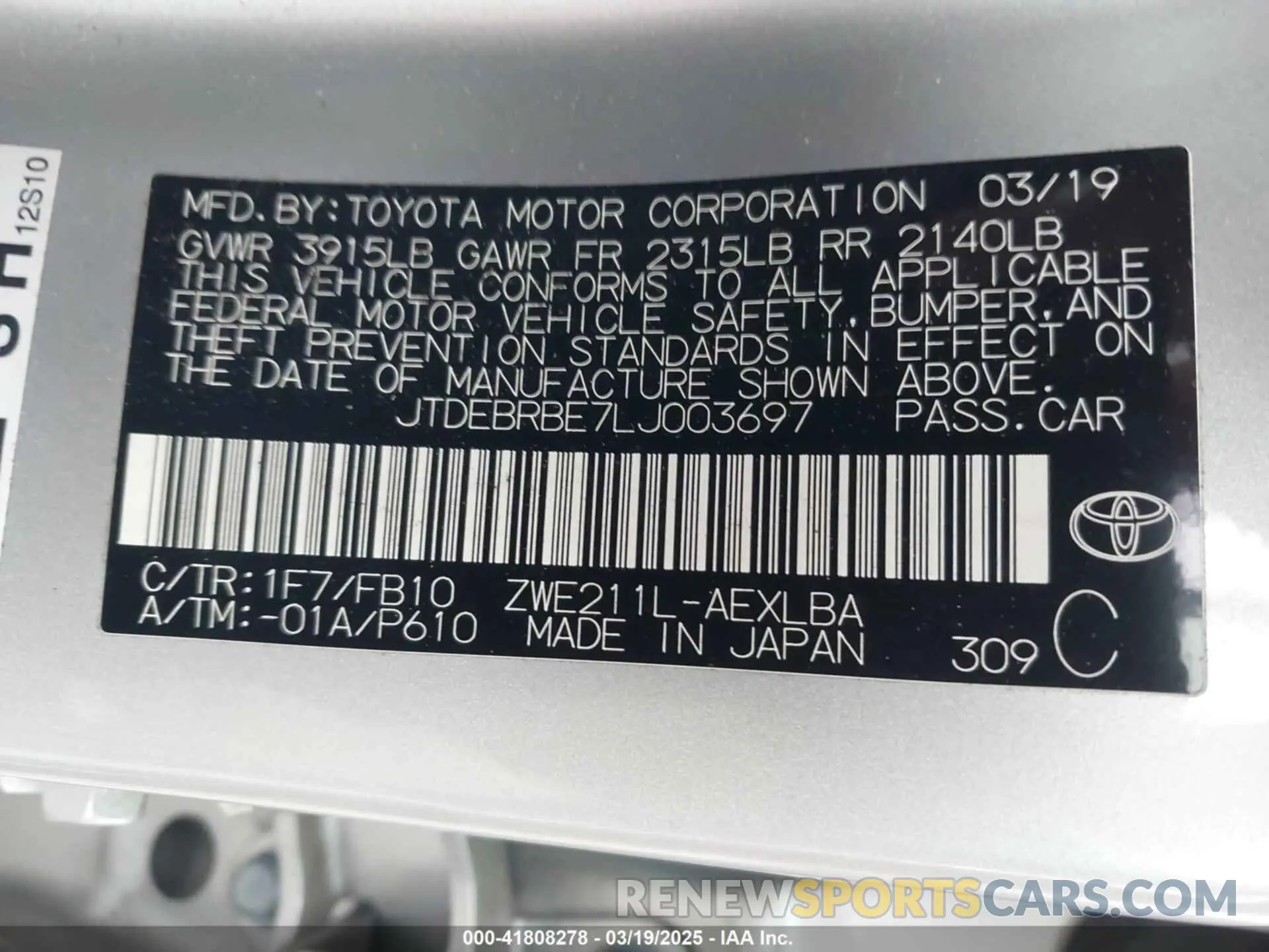 9 fotografías del automóvil dañado JTDEBRBE7LJ003697 TOYOTA COROLLA 2020
