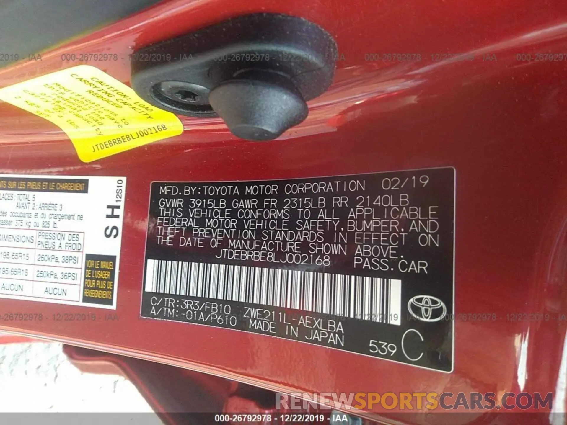 9 fotografías del automóvil dañado JTDEBRBE8LJ002168 TOYOTA COROLLA 2020