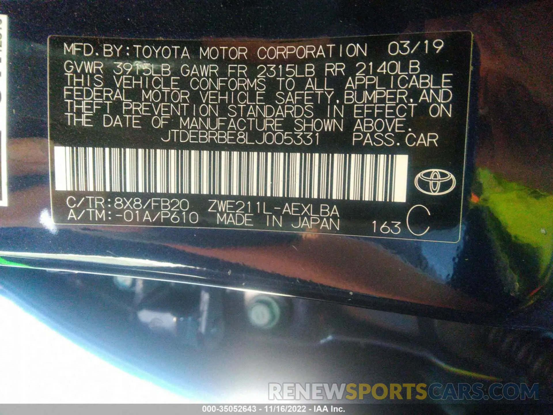 9 fotografías del automóvil dañado JTDEBRBE8LJ005331 TOYOTA COROLLA 2020