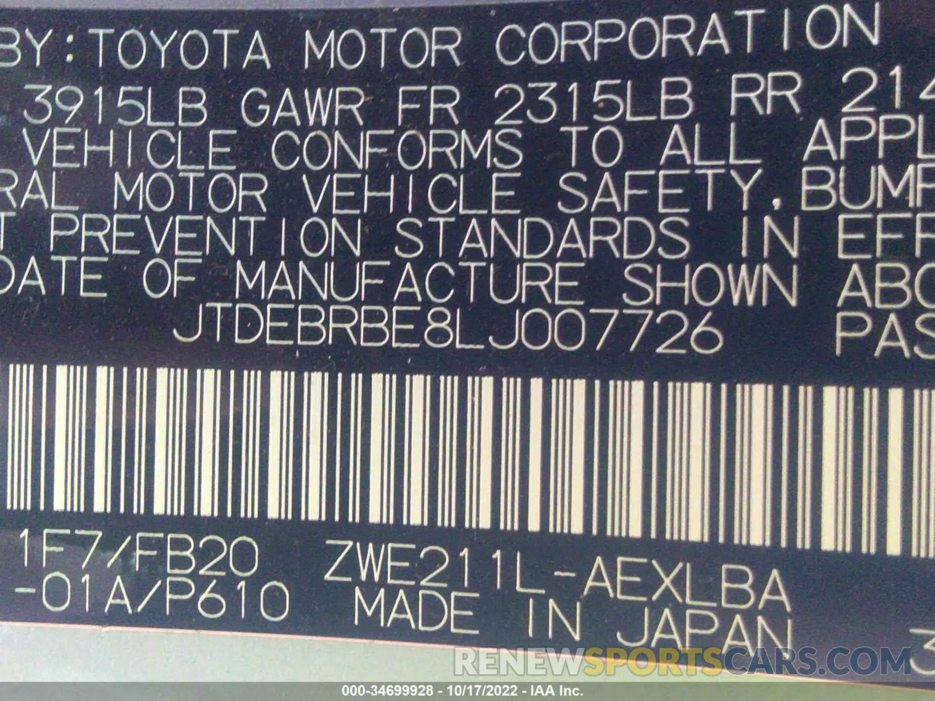 9 fotografías del automóvil dañado JTDEBRBE8LJ007726 TOYOTA COROLLA 2020