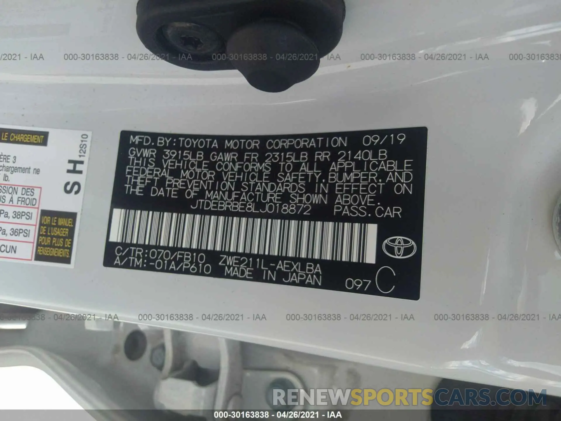 9 fotografías del automóvil dañado JTDEBRBE8LJ018872 TOYOTA COROLLA 2020