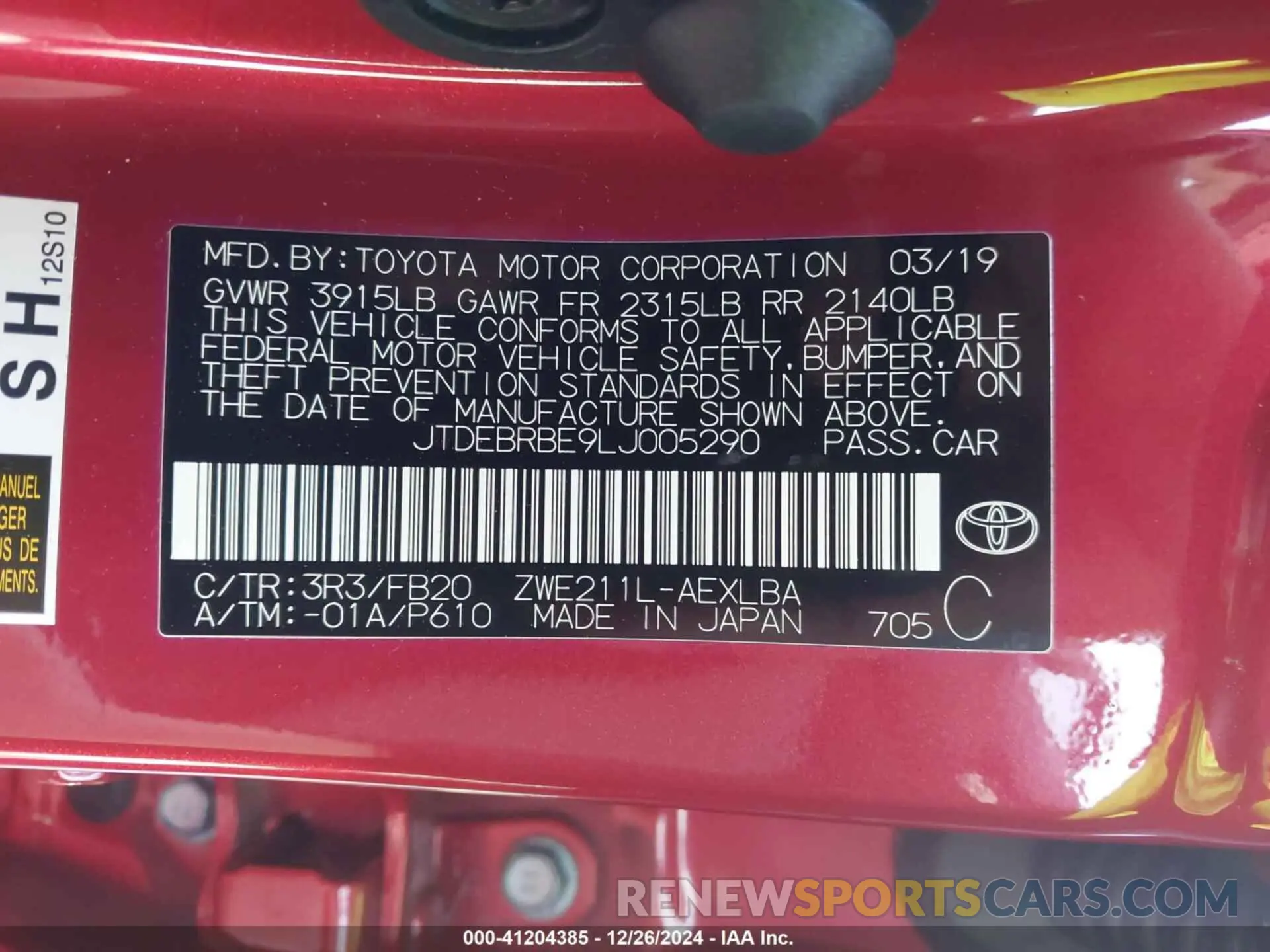 9 fotografías del automóvil dañado JTDEBRBE9LJ005290 TOYOTA COROLLA 2020