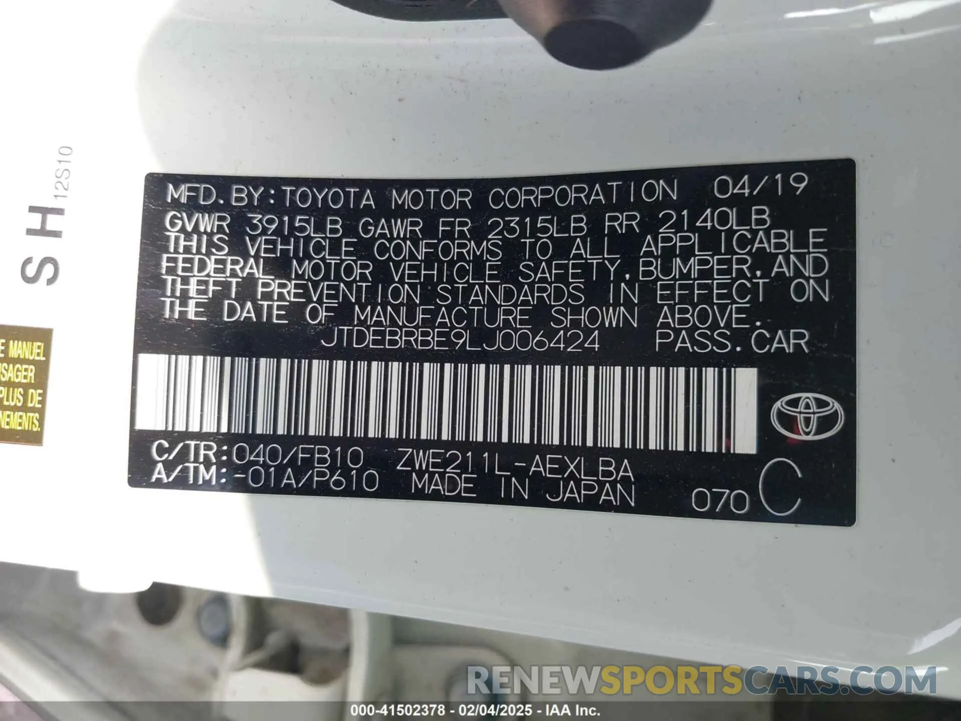 9 fotografías del automóvil dañado JTDEBRBE9LJ006424 TOYOTA COROLLA 2020
