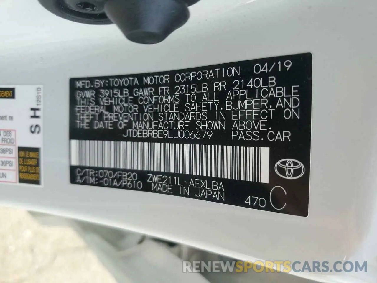 10 fotografías del automóvil dañado JTDEBRBE9LJ006679 TOYOTA COROLLA 2020
