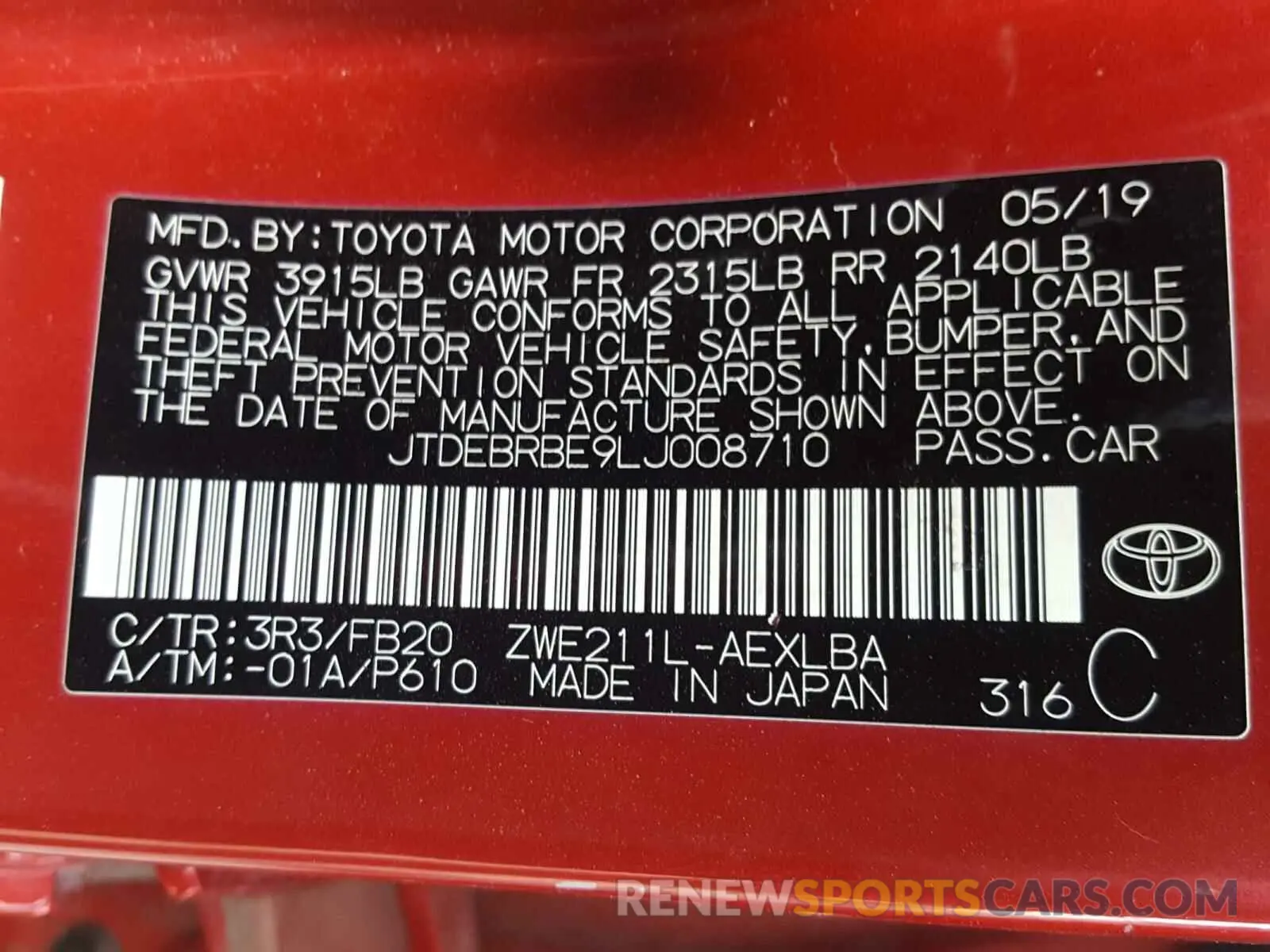 10 fotografías del automóvil dañado JTDEBRBE9LJ008710 TOYOTA COROLLA 2020