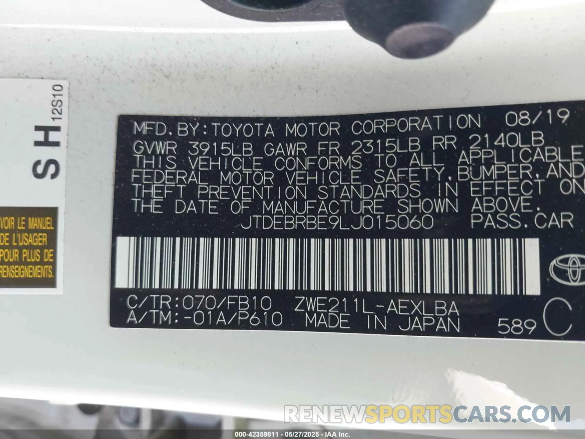 9 fotografías del automóvil dañado JTDEBRBE9LJ015060 TOYOTA COROLLA 2020