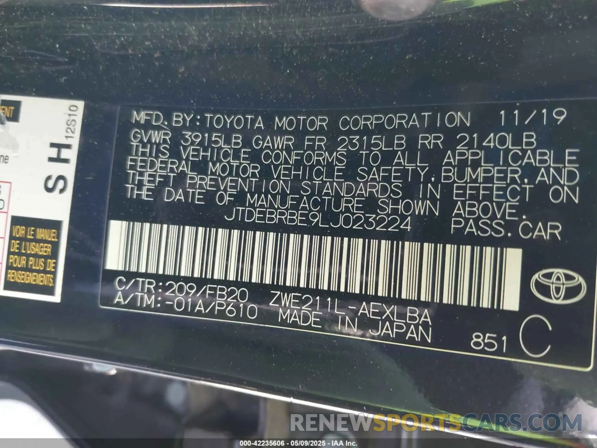 9 fotografías del automóvil dañado JTDEBRBE9LJ023224 TOYOTA COROLLA 2020