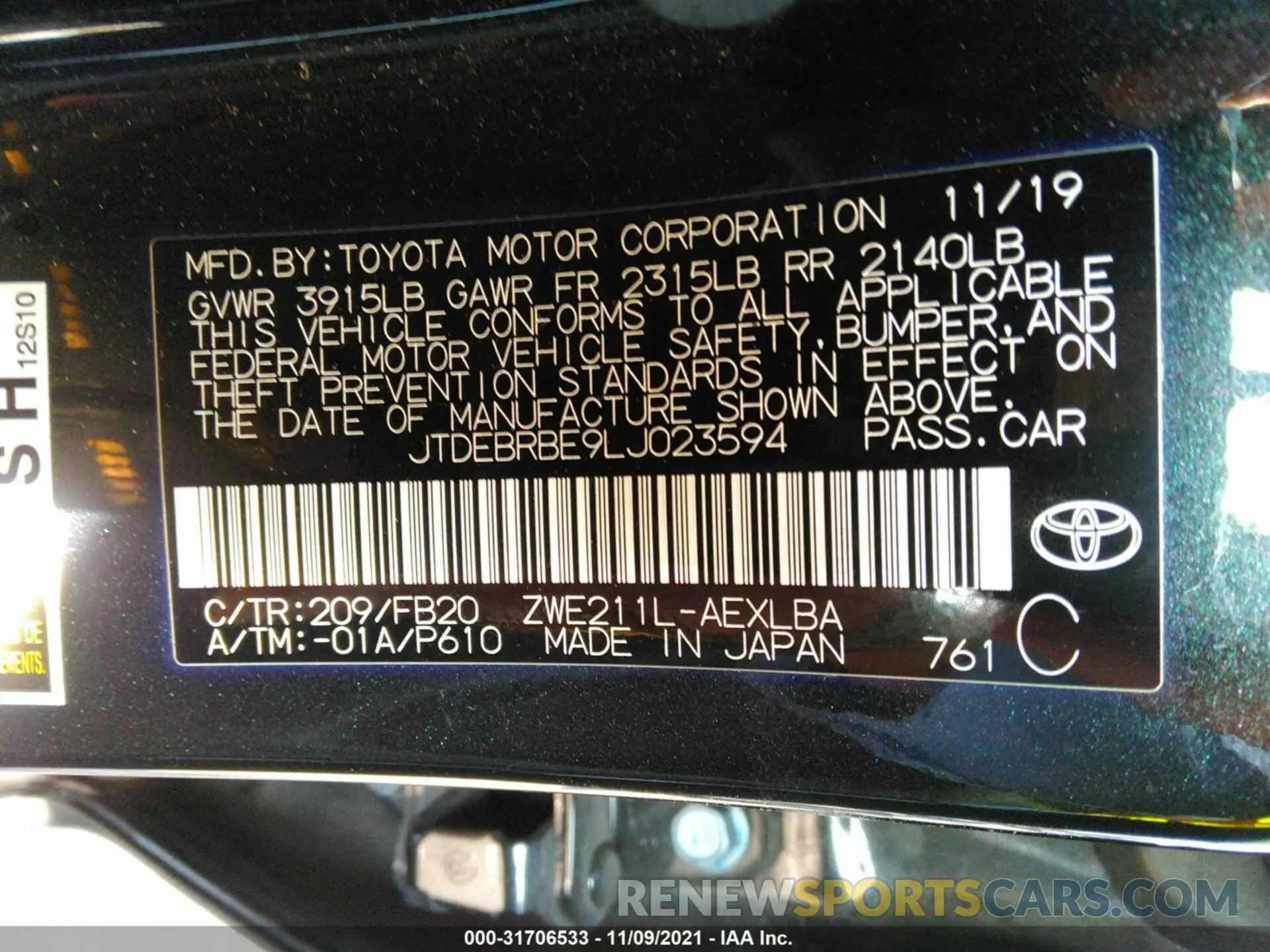 9 fotografías del automóvil dañado JTDEBRBE9LJ023594 TOYOTA COROLLA 2020