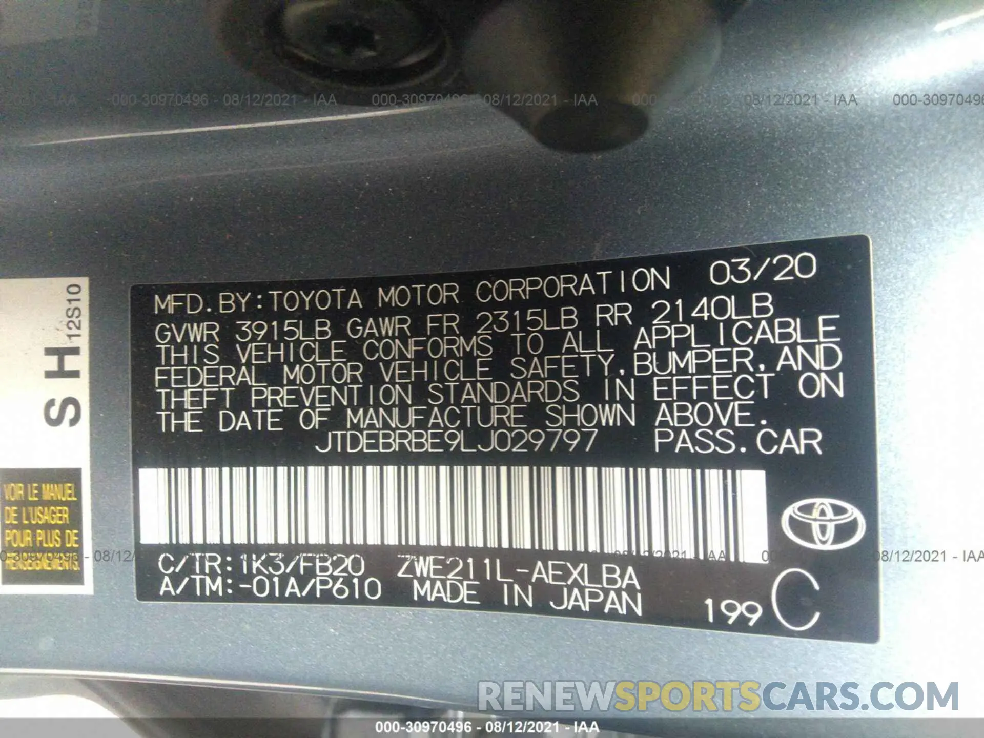 9 fotografías del automóvil dañado JTDEBRBE9LJ029797 TOYOTA COROLLA 2020