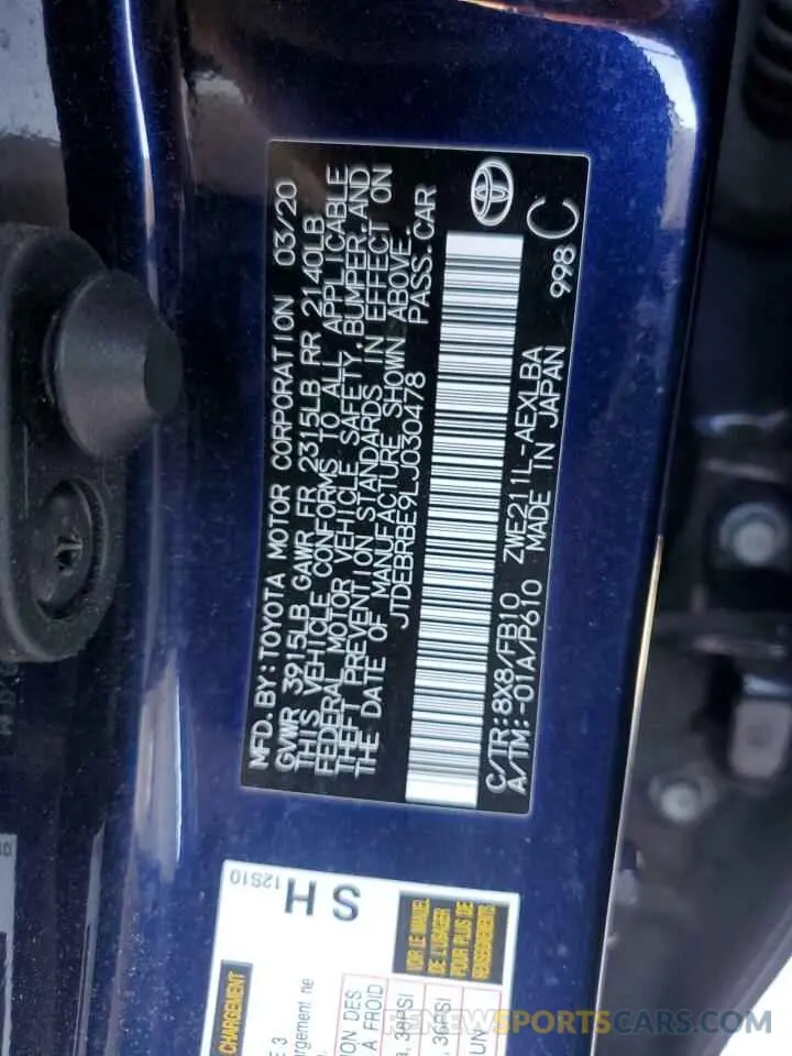 13 fotografías del automóvil dañado JTDEBRBE9LJ030478 TOYOTA COROLLA 2020