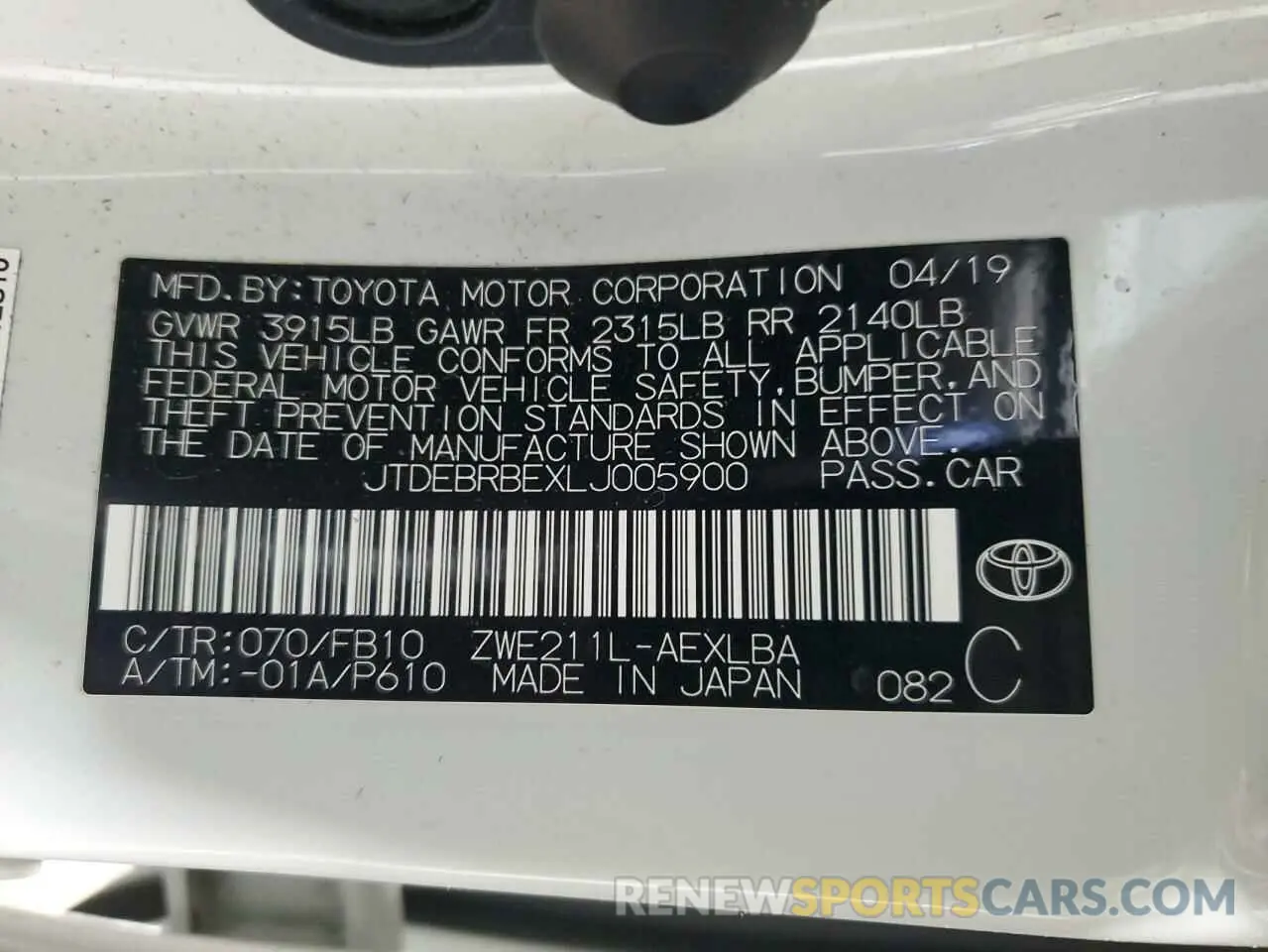 14 fotografías del automóvil dañado JTDEBRBEXLJ005900 TOYOTA COROLLA 2020