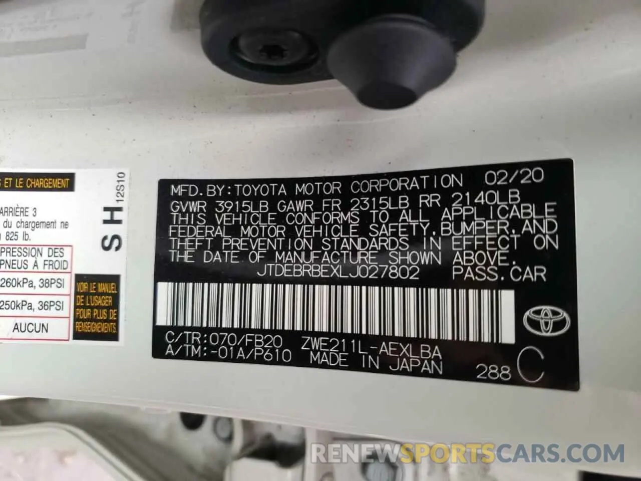 10 fotografías del automóvil dañado JTDEBRBEXLJ027802 TOYOTA COROLLA 2020
