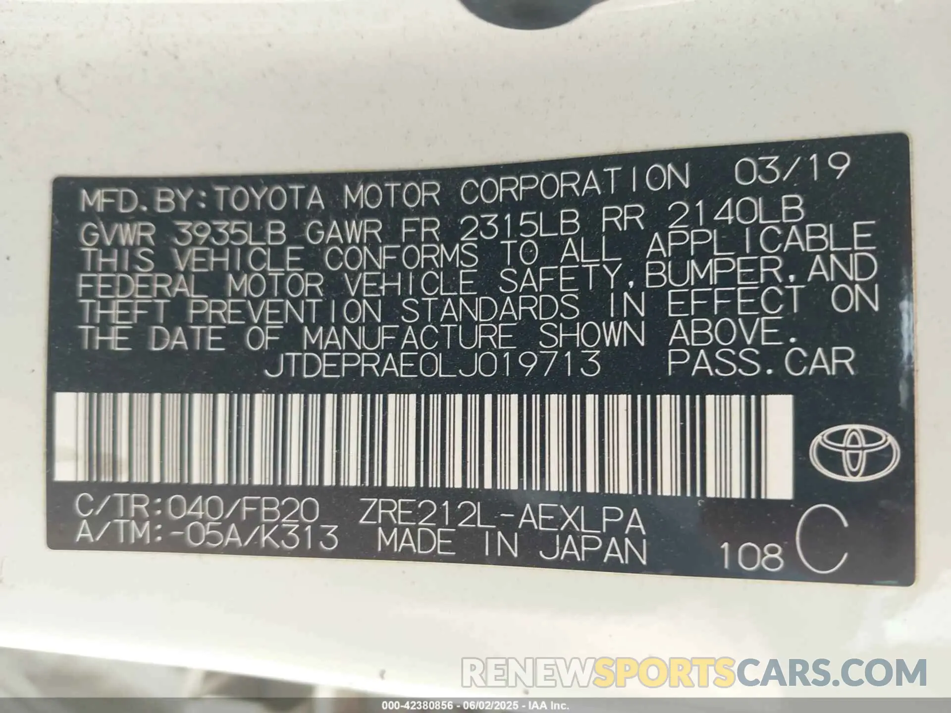 9 fotografías del automóvil dañado JTDEPRAE0LJ019713 TOYOTA COROLLA 2020