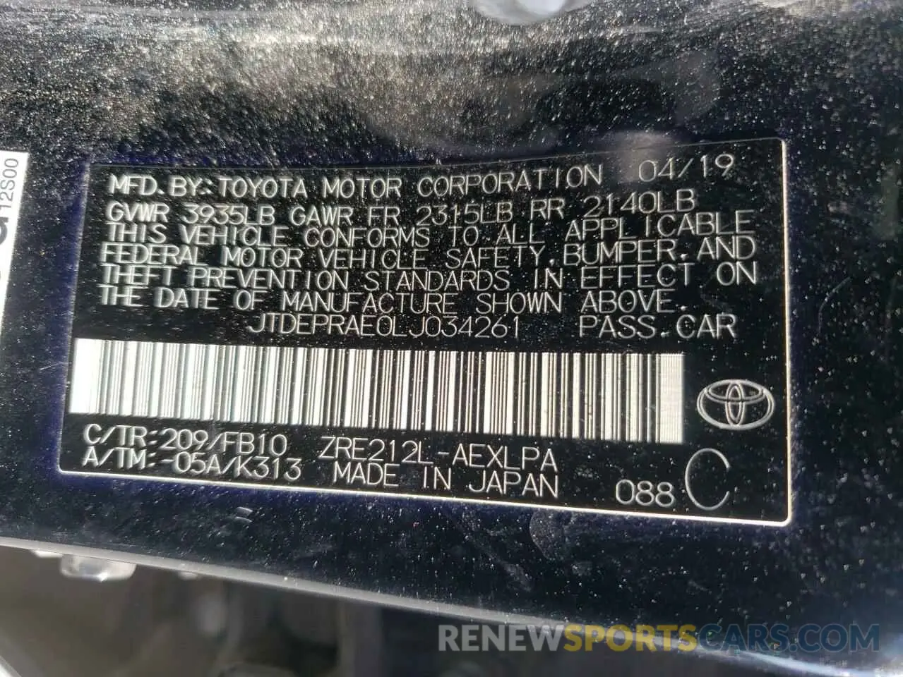 13 fotografías del automóvil dañado JTDEPRAE0LJ034261 TOYOTA COROLLA 2020
