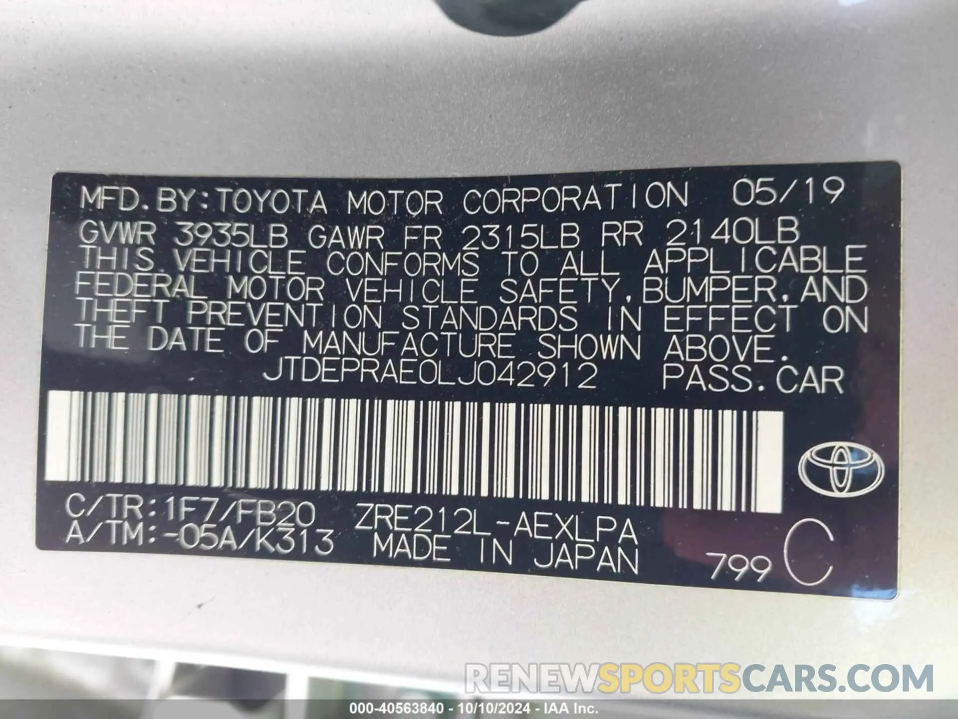 9 fotografías del automóvil dañado JTDEPRAE0LJ042912 TOYOTA COROLLA 2020