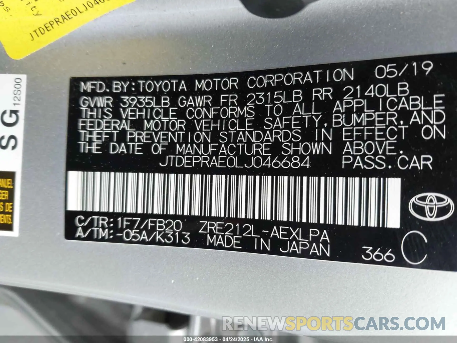 9 fotografías del automóvil dañado JTDEPRAE0LJ046684 TOYOTA COROLLA 2020