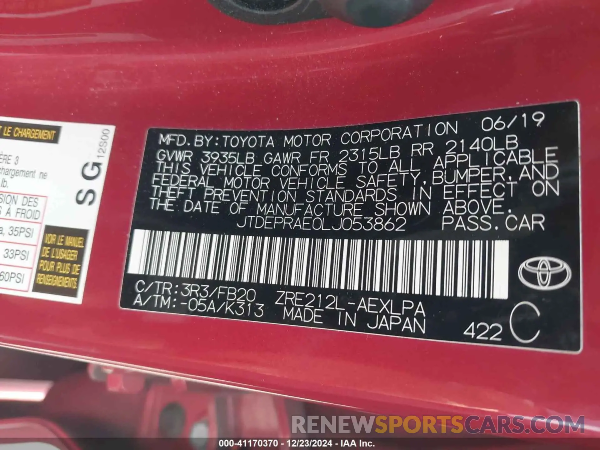 9 fotografías del automóvil dañado JTDEPRAE0LJ053862 TOYOTA COROLLA 2020