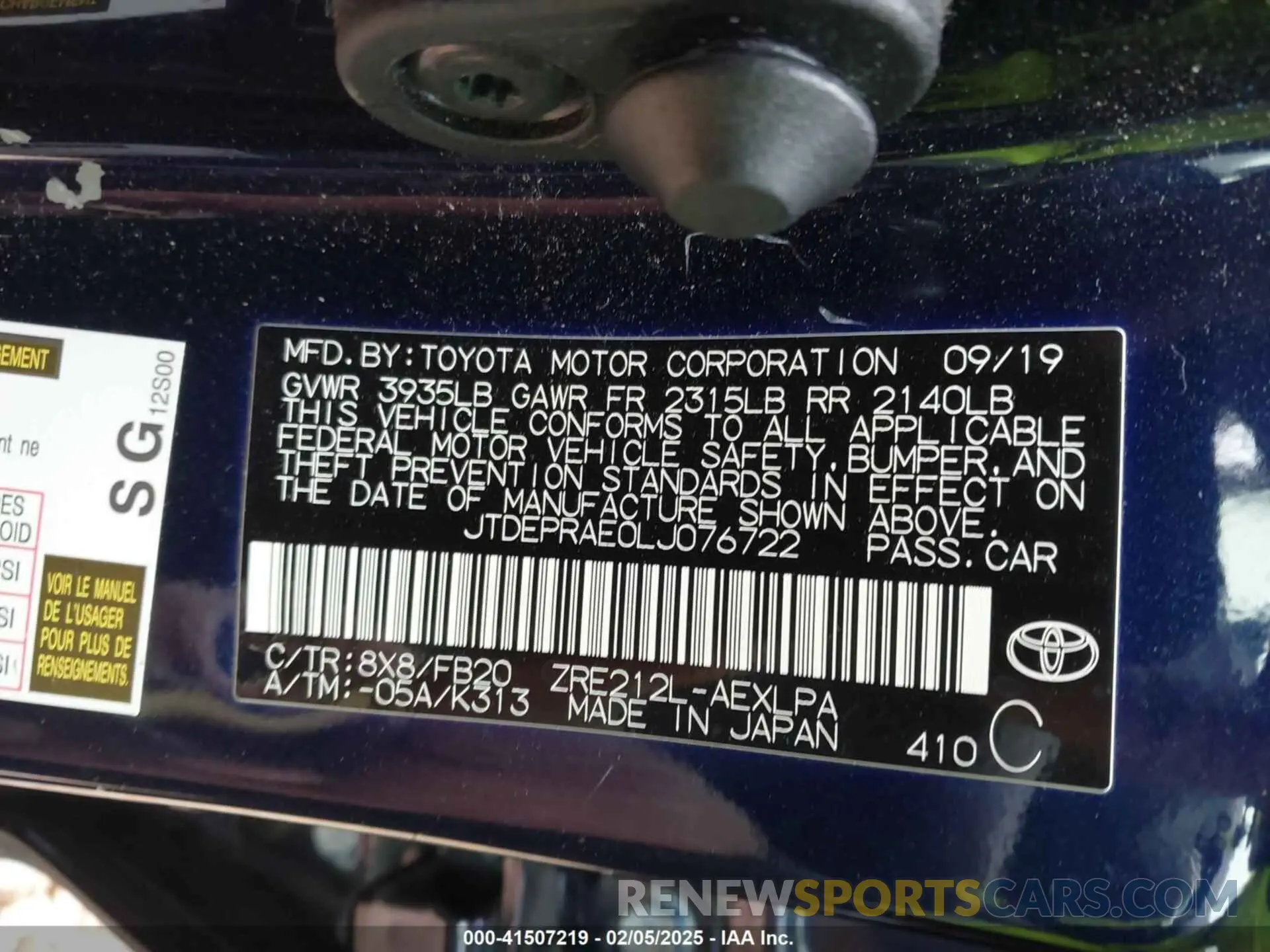 9 fotografías del automóvil dañado JTDEPRAE0LJ076722 TOYOTA COROLLA 2020
