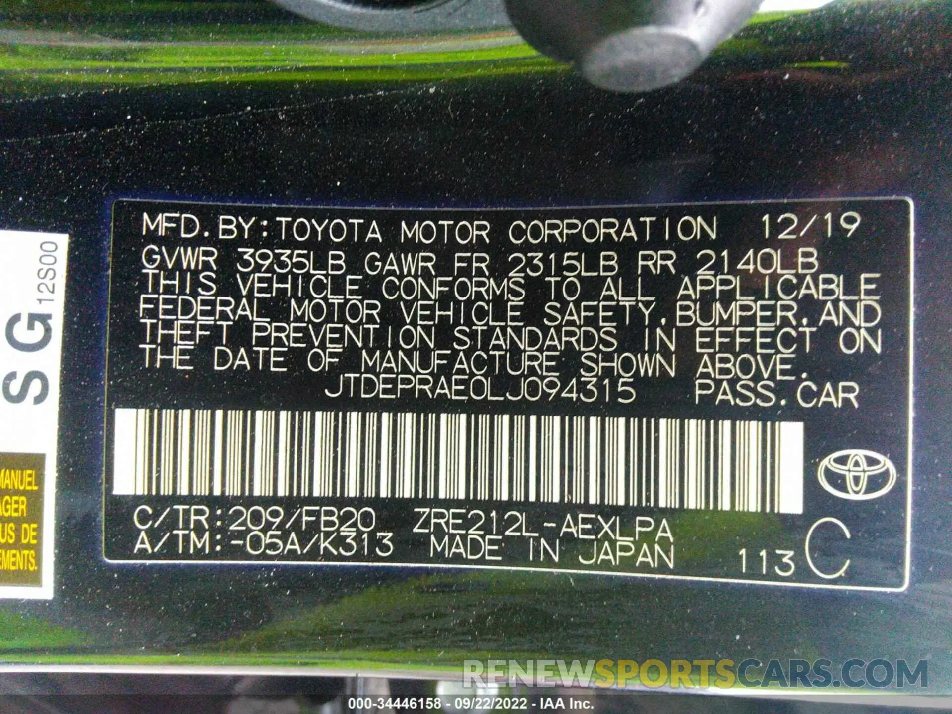 9 fotografías del automóvil dañado JTDEPRAE0LJ094315 TOYOTA COROLLA 2020