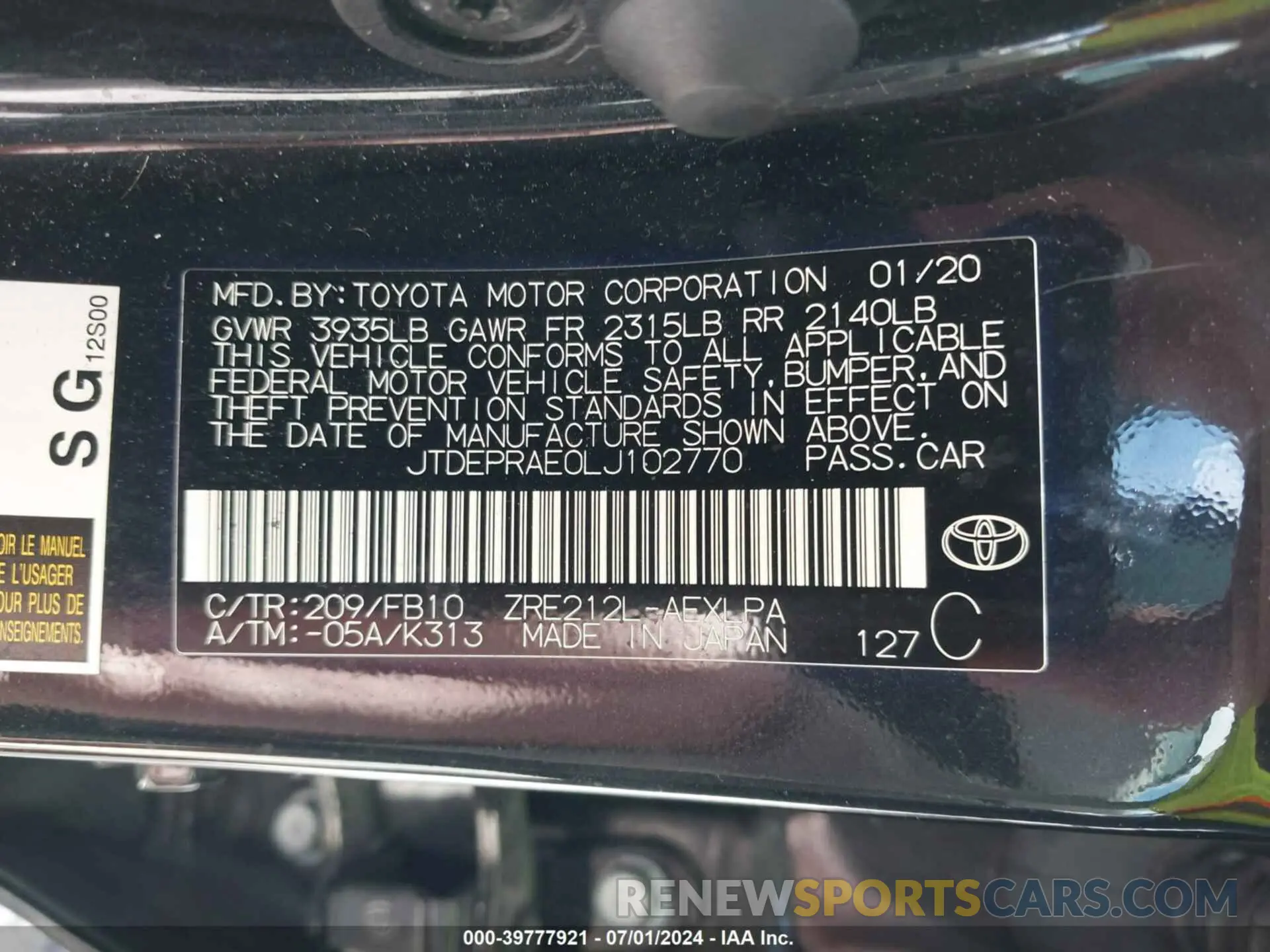 9 fotografías del automóvil dañado JTDEPRAE0LJ102770 TOYOTA COROLLA 2020