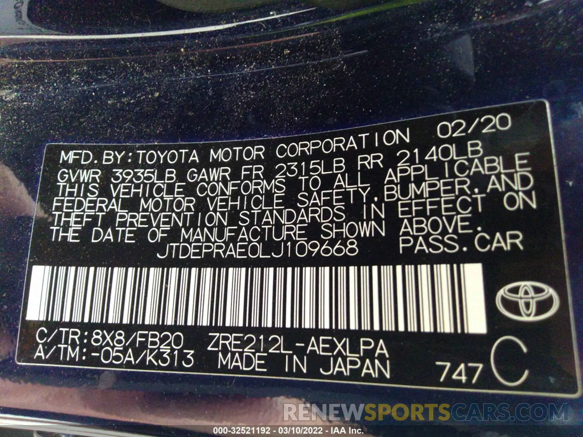 9 fotografías del automóvil dañado JTDEPRAE0LJ109668 TOYOTA COROLLA 2020
