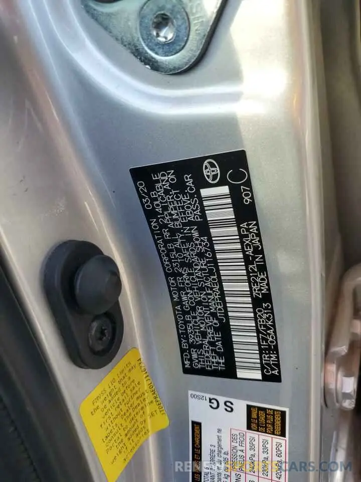 13 fotografías del automóvil dañado JTDEPRAE0LJ116734 TOYOTA COROLLA 2020