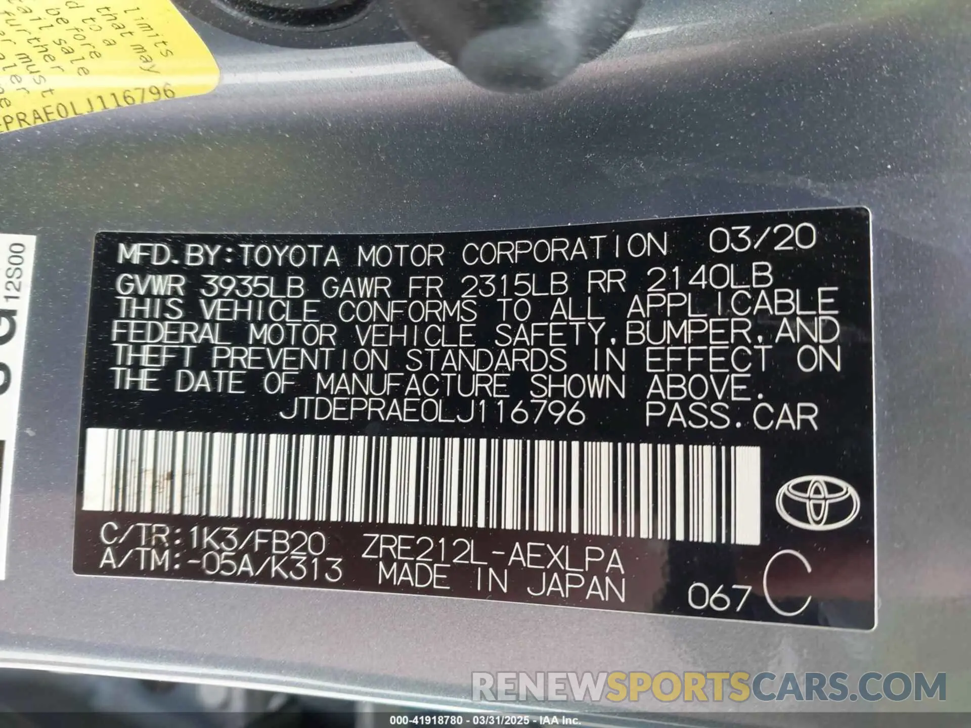9 fotografías del automóvil dañado JTDEPRAE0LJ116796 TOYOTA COROLLA 2020