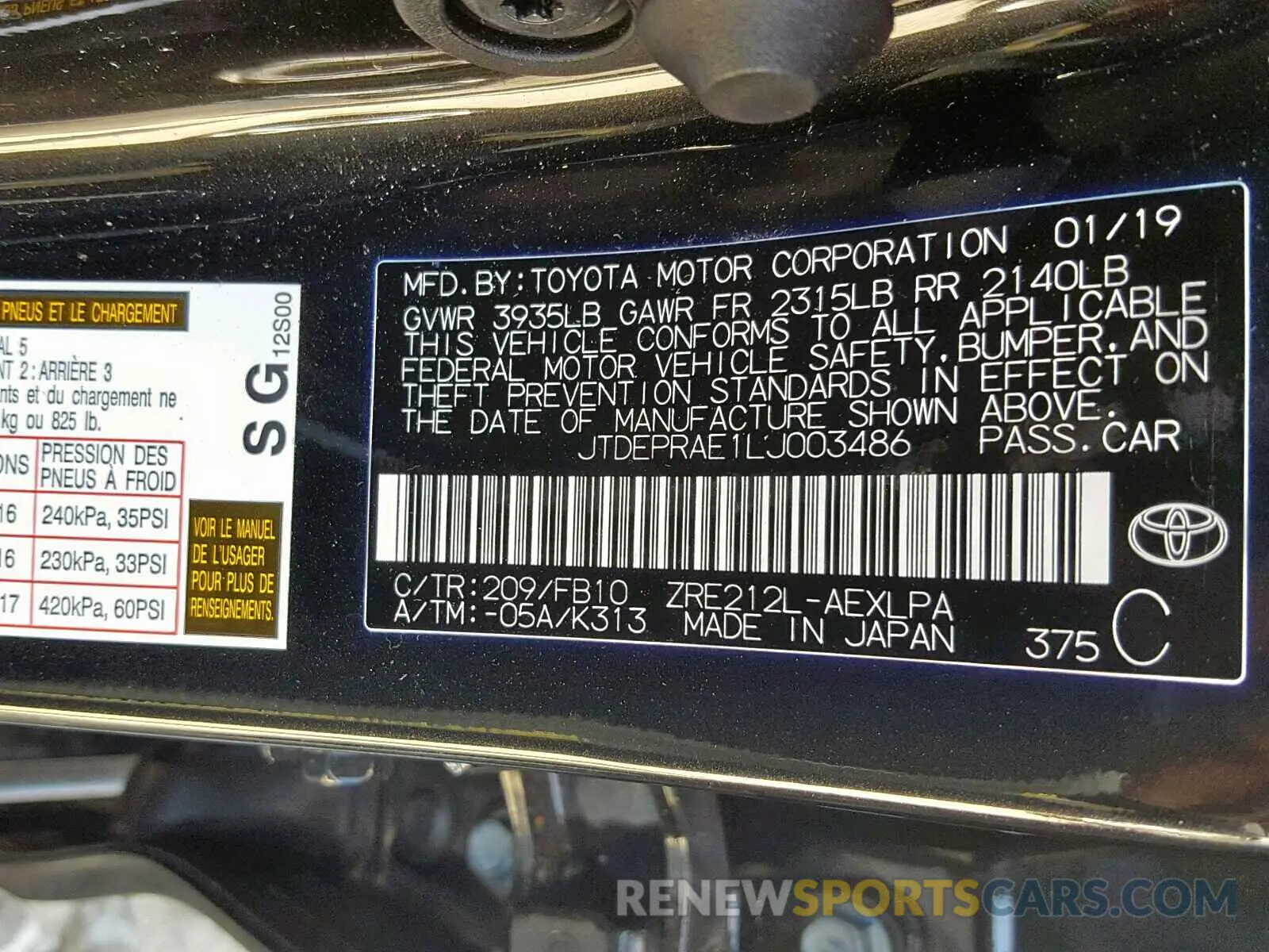 10 fotografías del automóvil dañado JTDEPRAE1LJ003486 TOYOTA COROLLA 2020