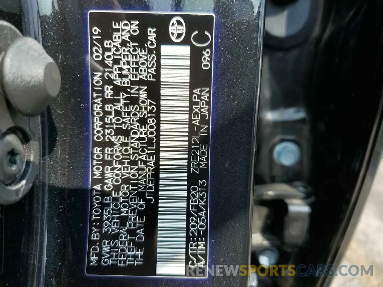10 fotografías del automóvil dañado JTDEPRAE1LJ008137 TOYOTA COROLLA 2020