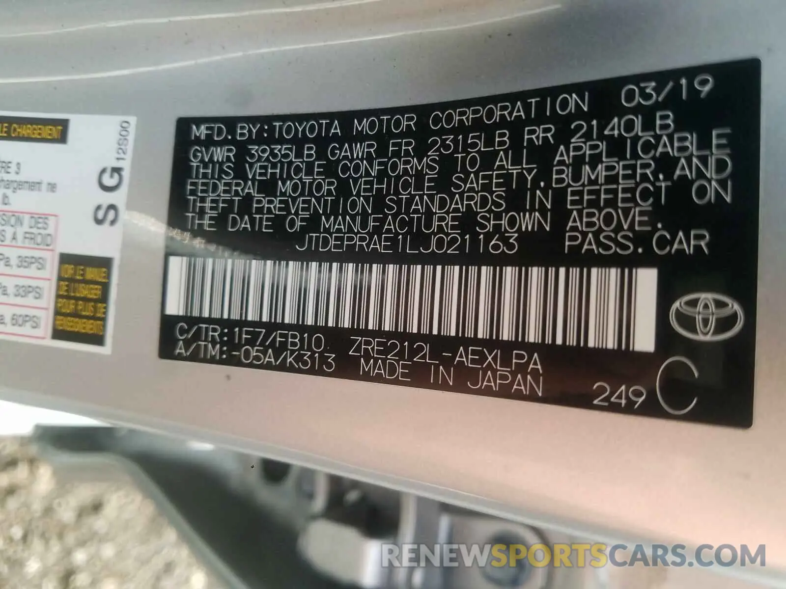 10 fotografías del automóvil dañado JTDEPRAE1LJ021163 TOYOTA COROLLA 2020
