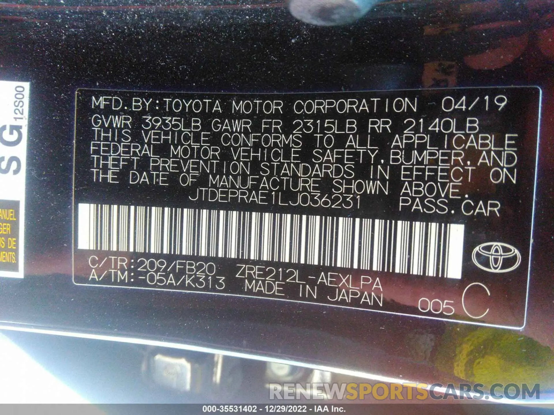 9 fotografías del automóvil dañado JTDEPRAE1LJ036231 TOYOTA COROLLA 2020