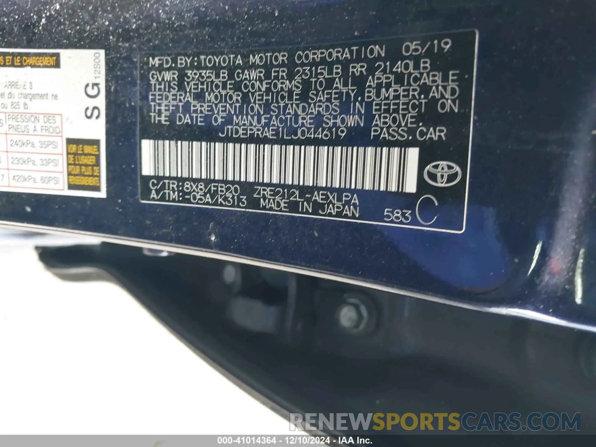 9 fotografías del automóvil dañado JTDEPRAE1LJ044619 TOYOTA COROLLA 2020