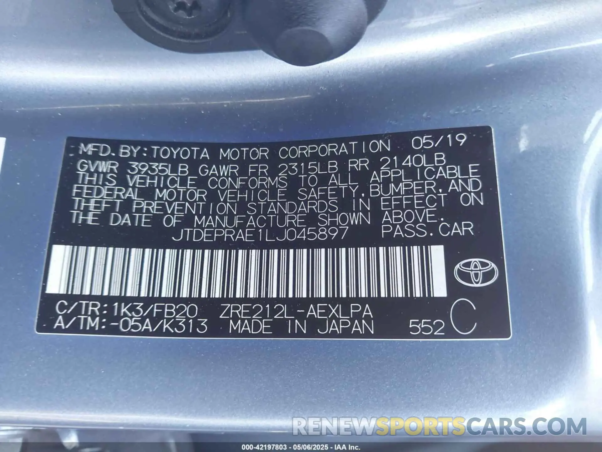 9 fotografías del automóvil dañado JTDEPRAE1LJ045897 TOYOTA COROLLA 2020
