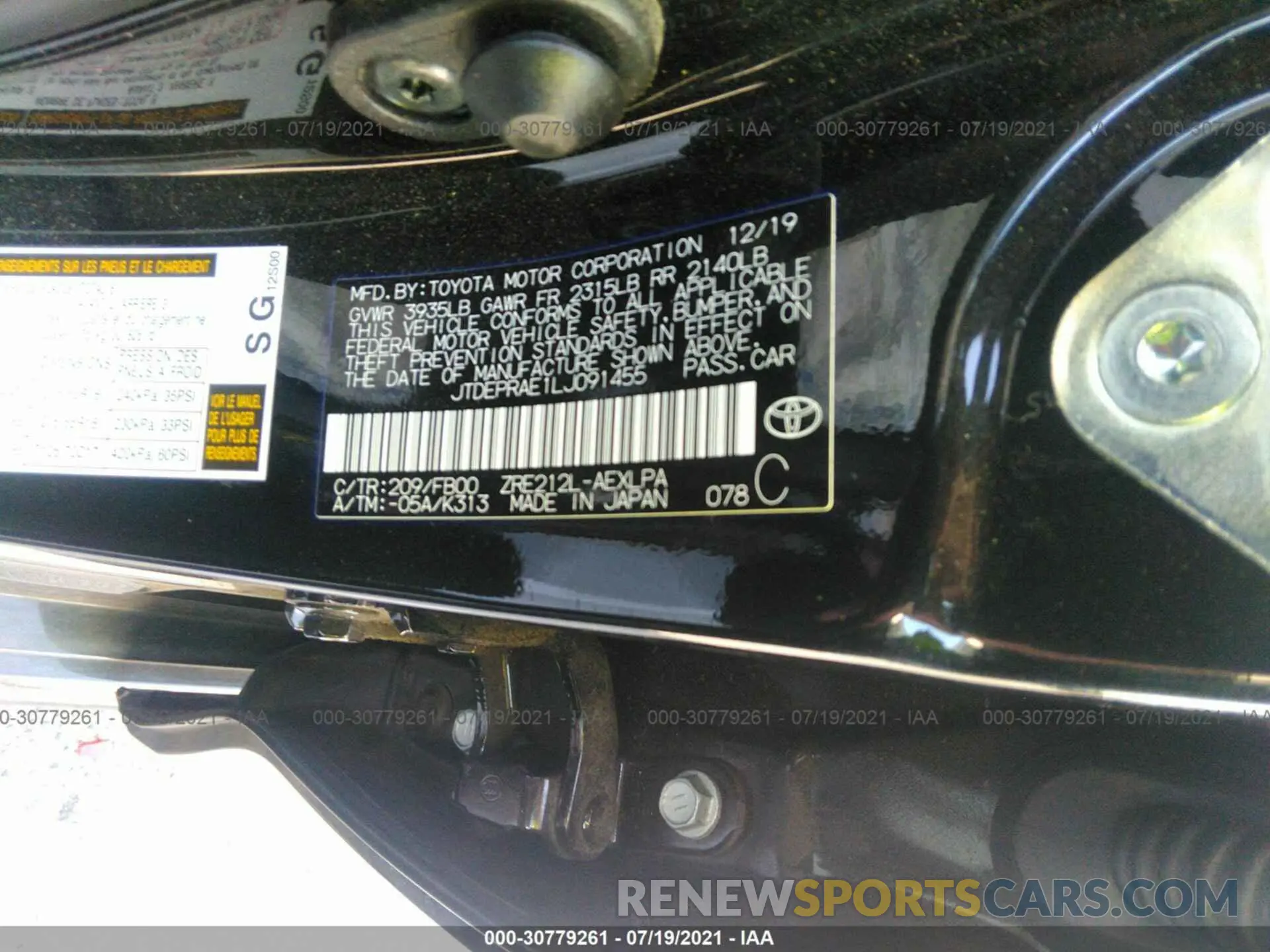 9 fotografías del automóvil dañado JTDEPRAE1LJ091455 TOYOTA COROLLA 2020