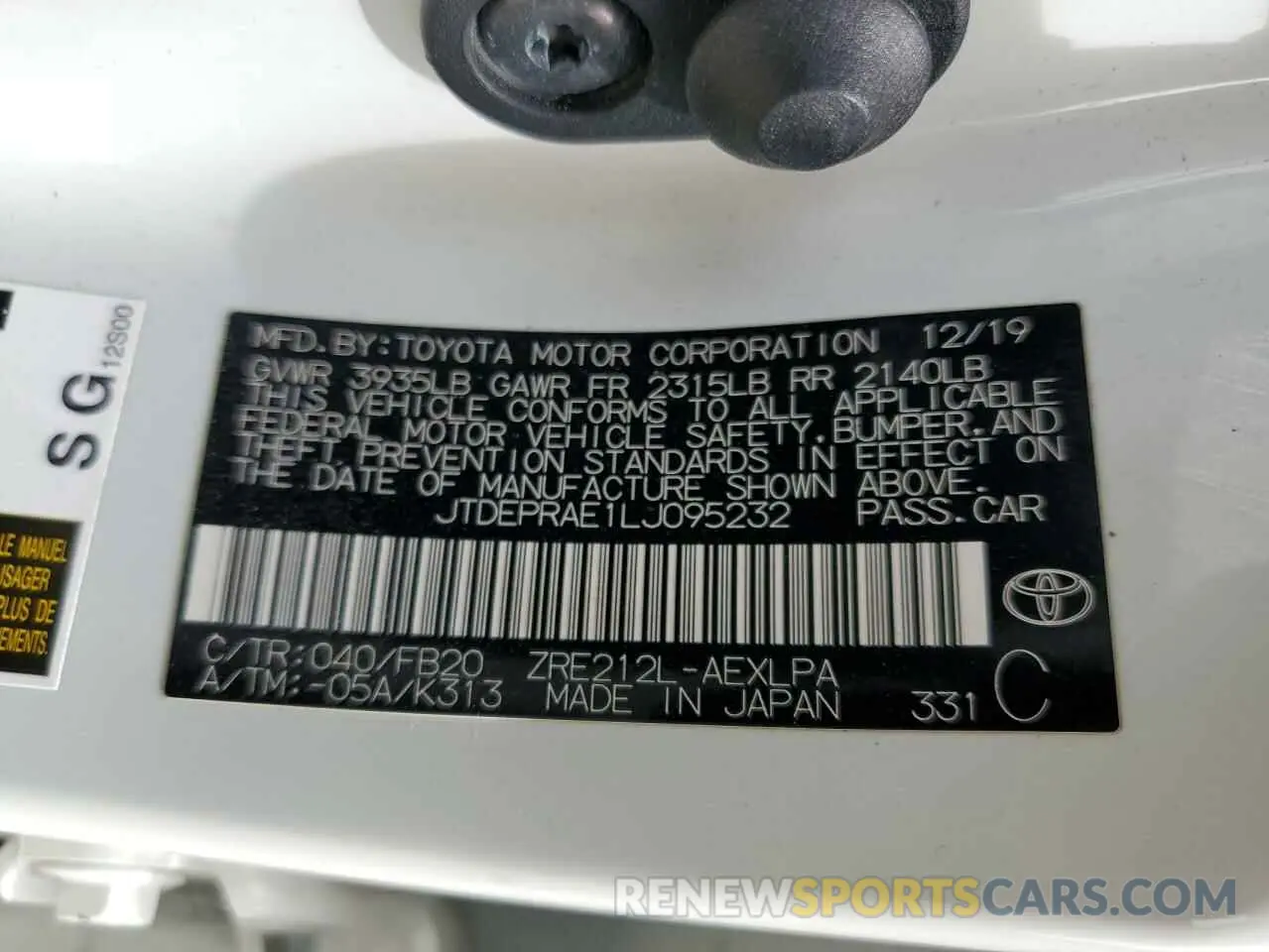 12 fotografías del automóvil dañado JTDEPRAE1LJ095232 TOYOTA COROLLA 2020