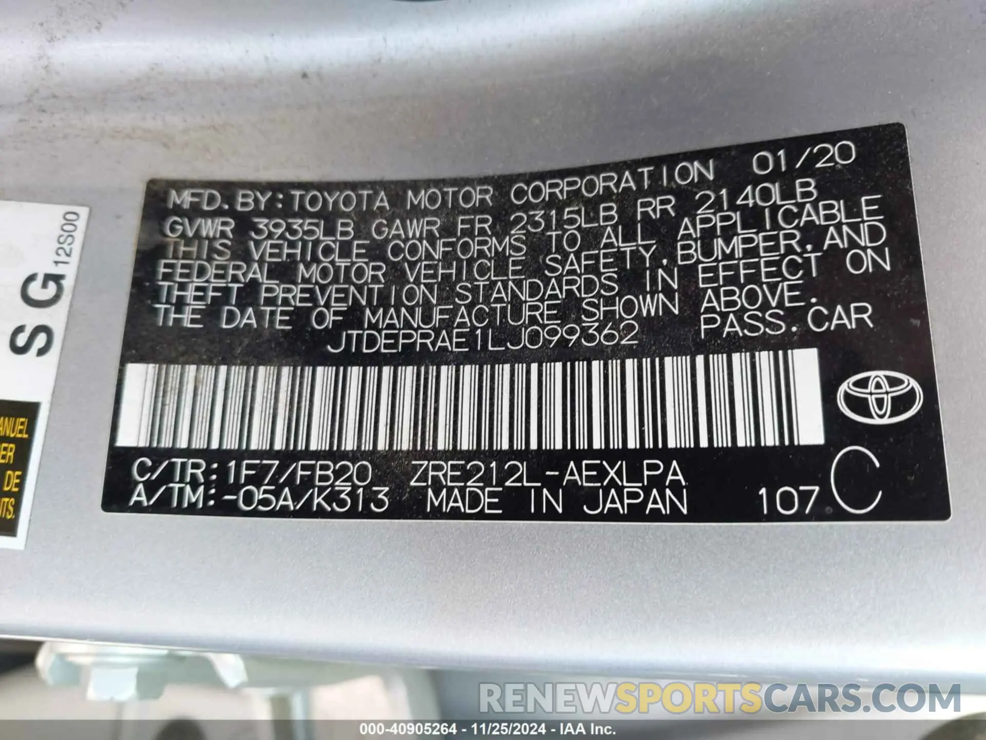 9 fotografías del automóvil dañado JTDEPRAE1LJ099362 TOYOTA COROLLA 2020