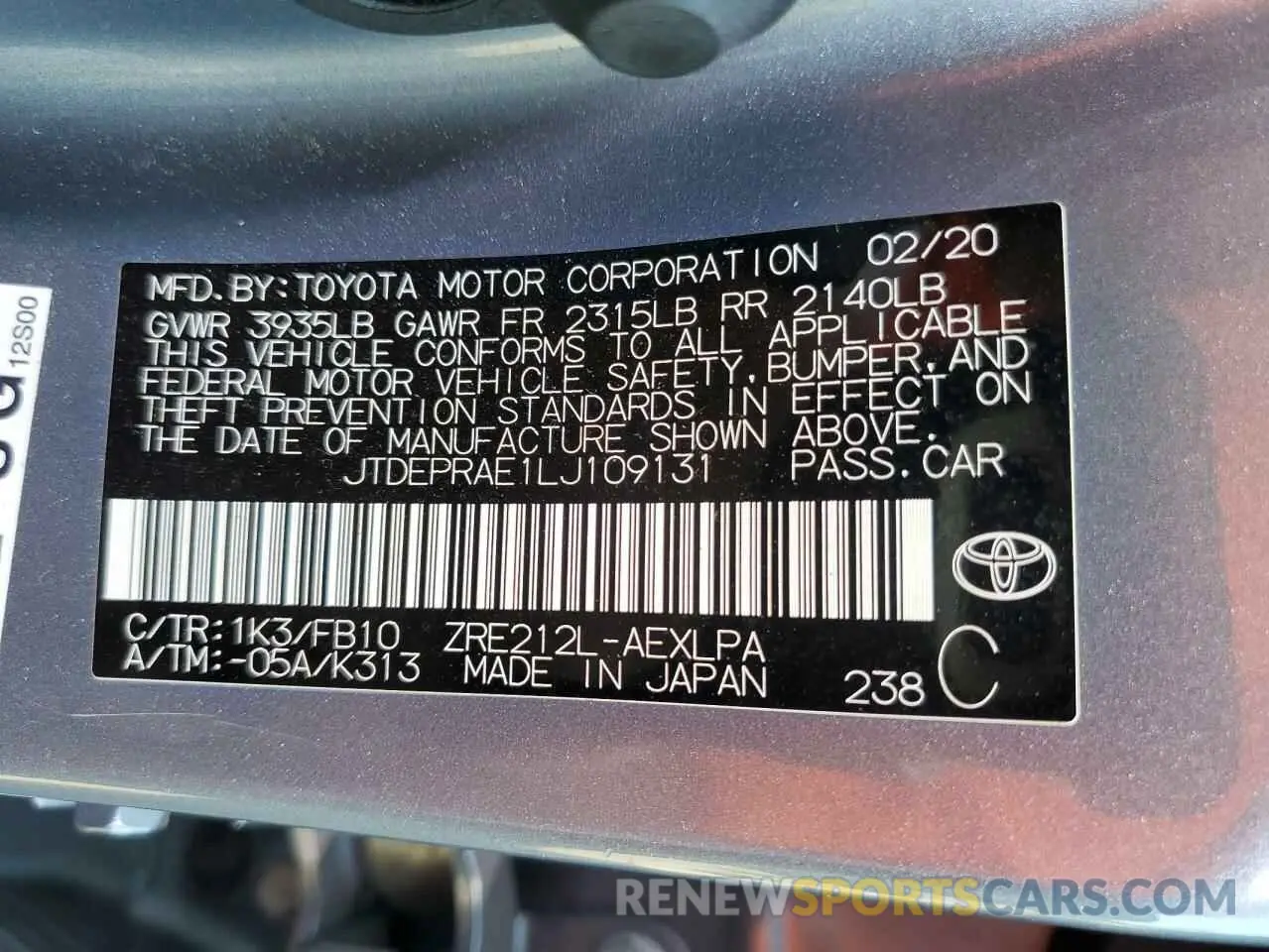 12 fotografías del automóvil dañado JTDEPRAE1LJ109131 TOYOTA COROLLA 2020
