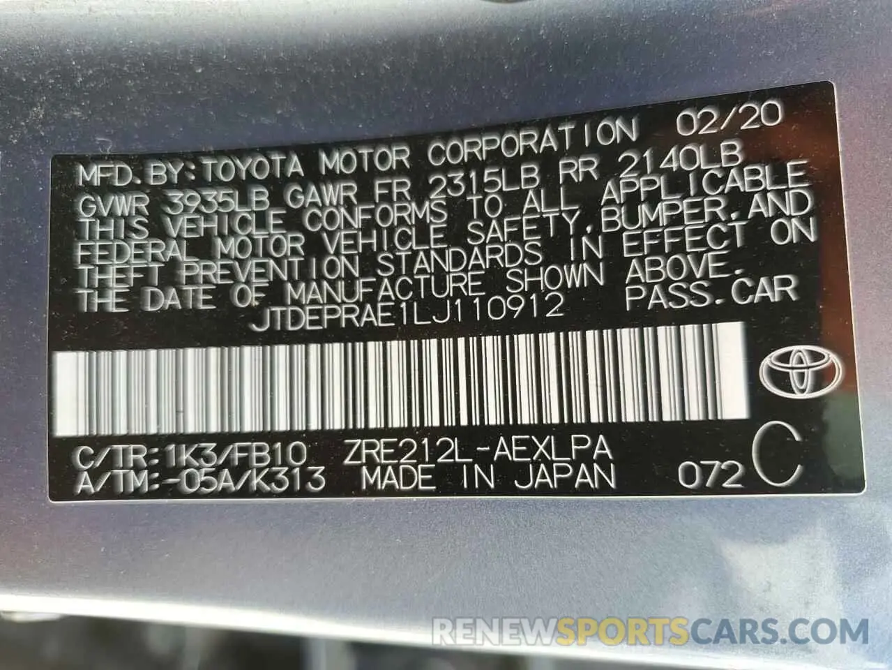 12 fotografías del automóvil dañado JTDEPRAE1LJ110912 TOYOTA COROLLA 2020