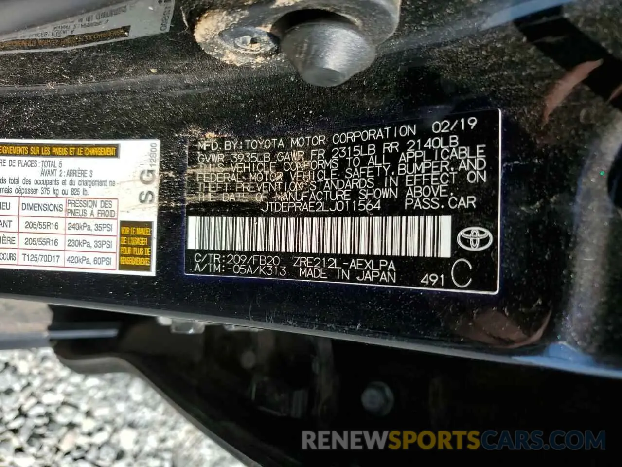 12 fotografías del automóvil dañado JTDEPRAE2LJ011564 TOYOTA COROLLA 2020