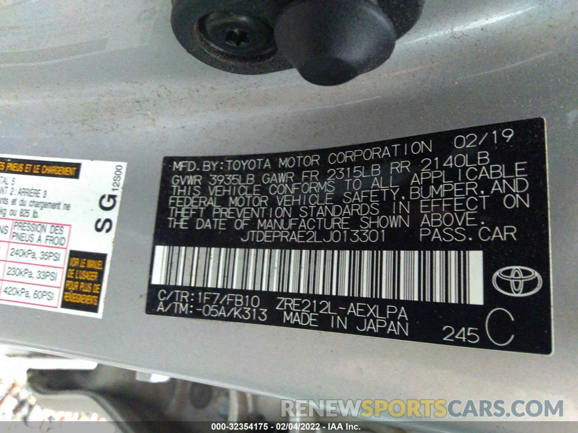 9 fotografías del automóvil dañado JTDEPRAE2LJ013301 TOYOTA COROLLA 2020