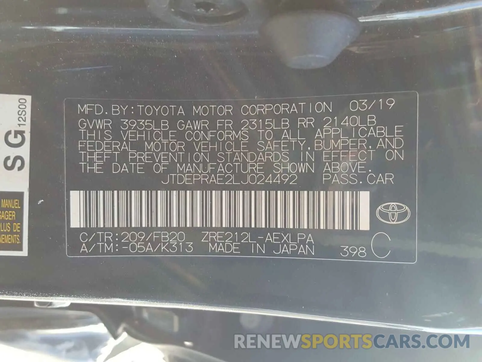 10 fotografías del automóvil dañado JTDEPRAE2LJ024492 TOYOTA COROLLA 2020
