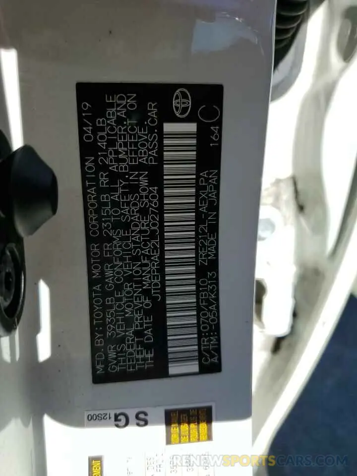10 fotografías del automóvil dañado JTDEPRAE2LJ027604 TOYOTA COROLLA 2020