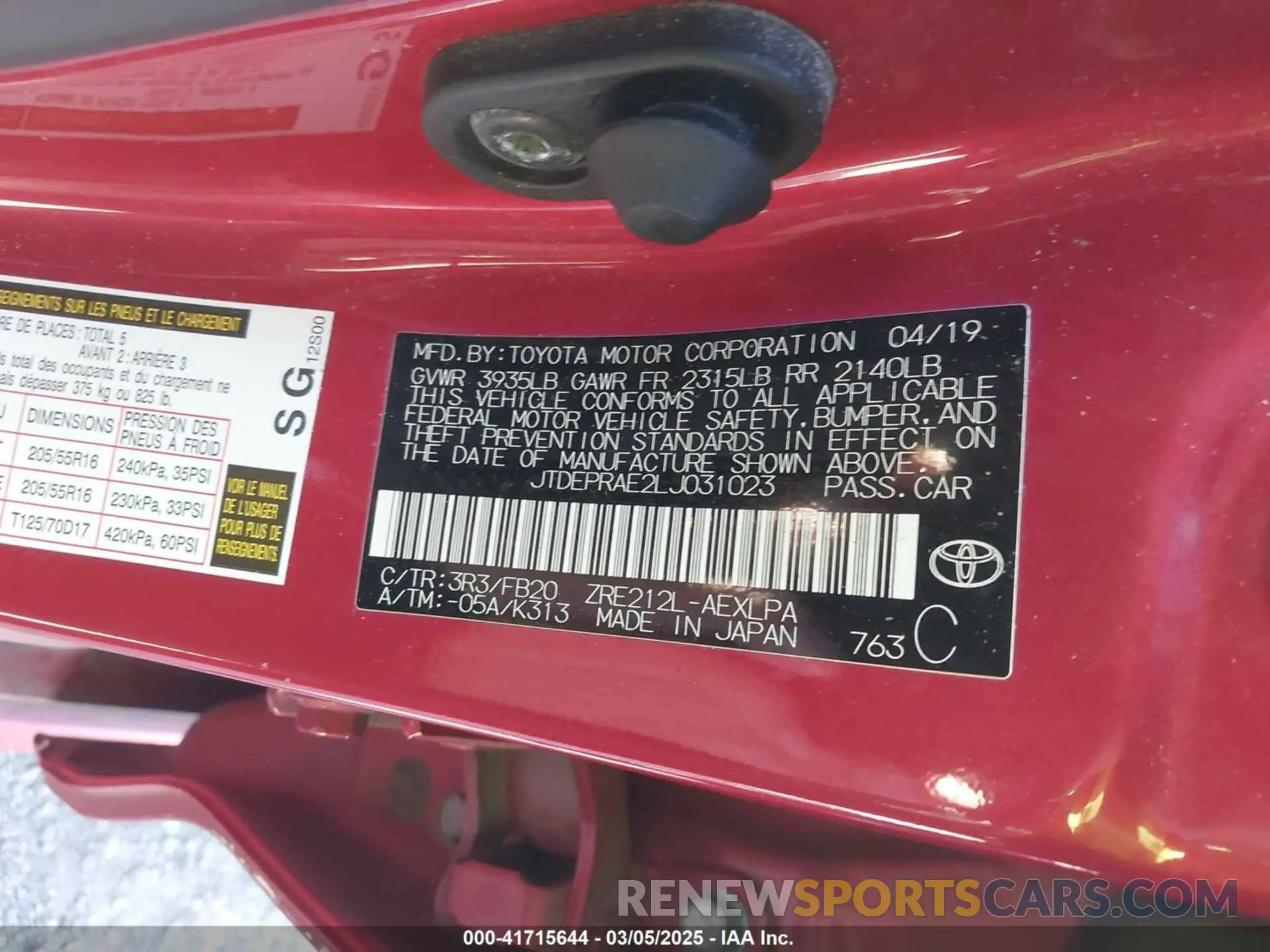 9 fotografías del automóvil dañado JTDEPRAE2LJ031023 TOYOTA COROLLA 2020