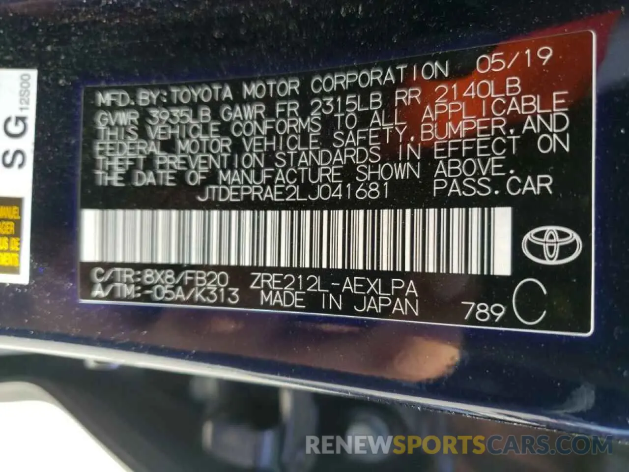 10 fotografías del automóvil dañado JTDEPRAE2LJ041681 TOYOTA COROLLA 2020