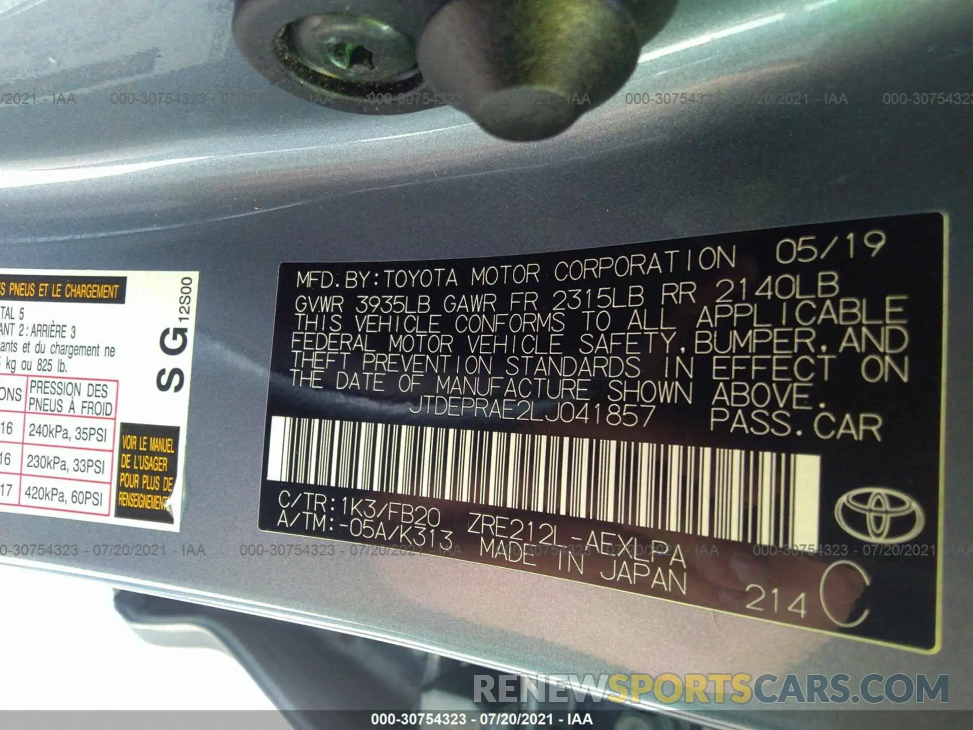 9 fotografías del automóvil dañado JTDEPRAE2LJ041857 TOYOTA COROLLA 2020