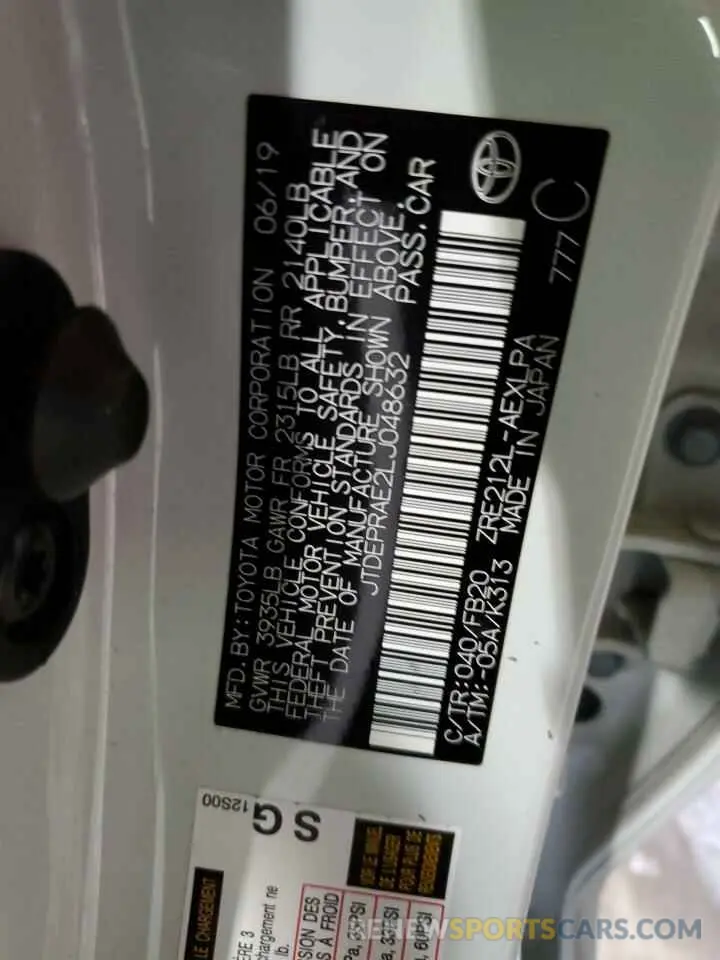 12 fotografías del automóvil dañado JTDEPRAE2LJ048632 TOYOTA COROLLA 2020