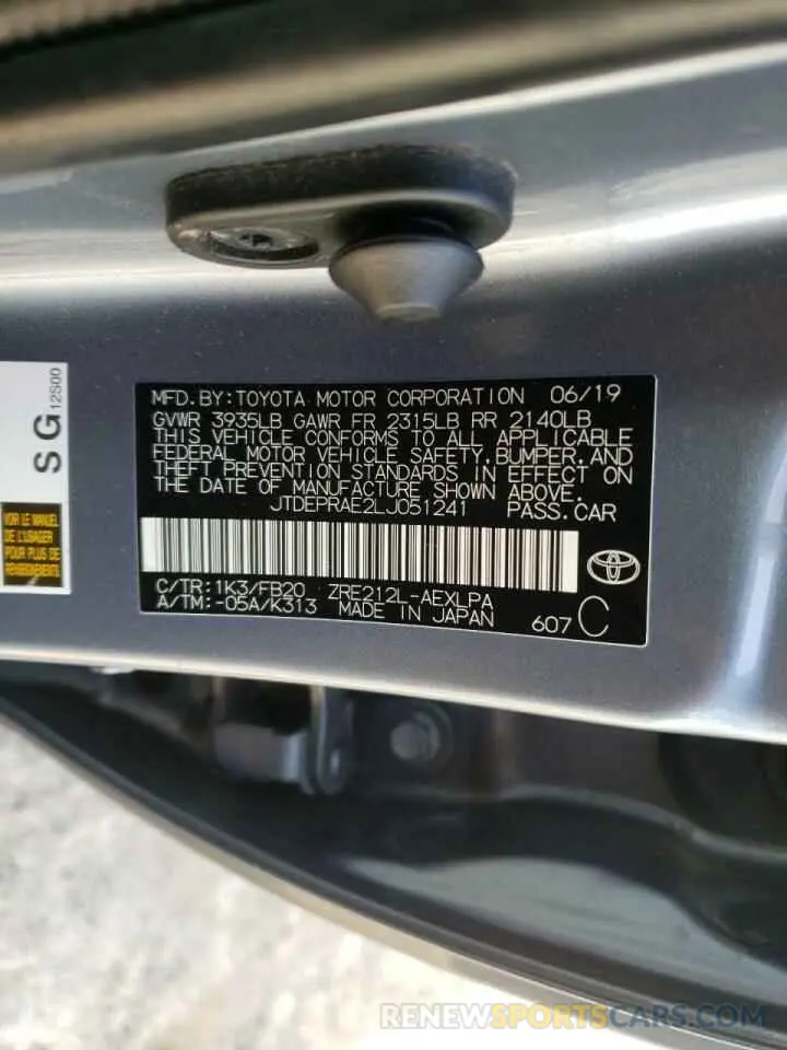 10 fotografías del automóvil dañado JTDEPRAE2LJ051241 TOYOTA COROLLA 2020