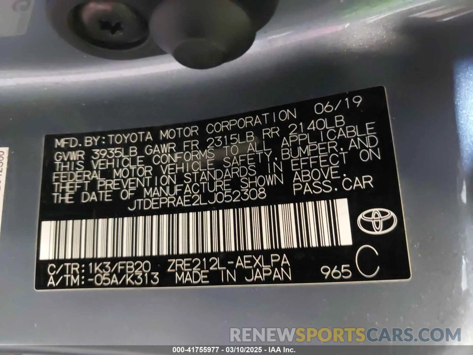 9 fotografías del automóvil dañado JTDEPRAE2LJ052308 TOYOTA COROLLA 2020