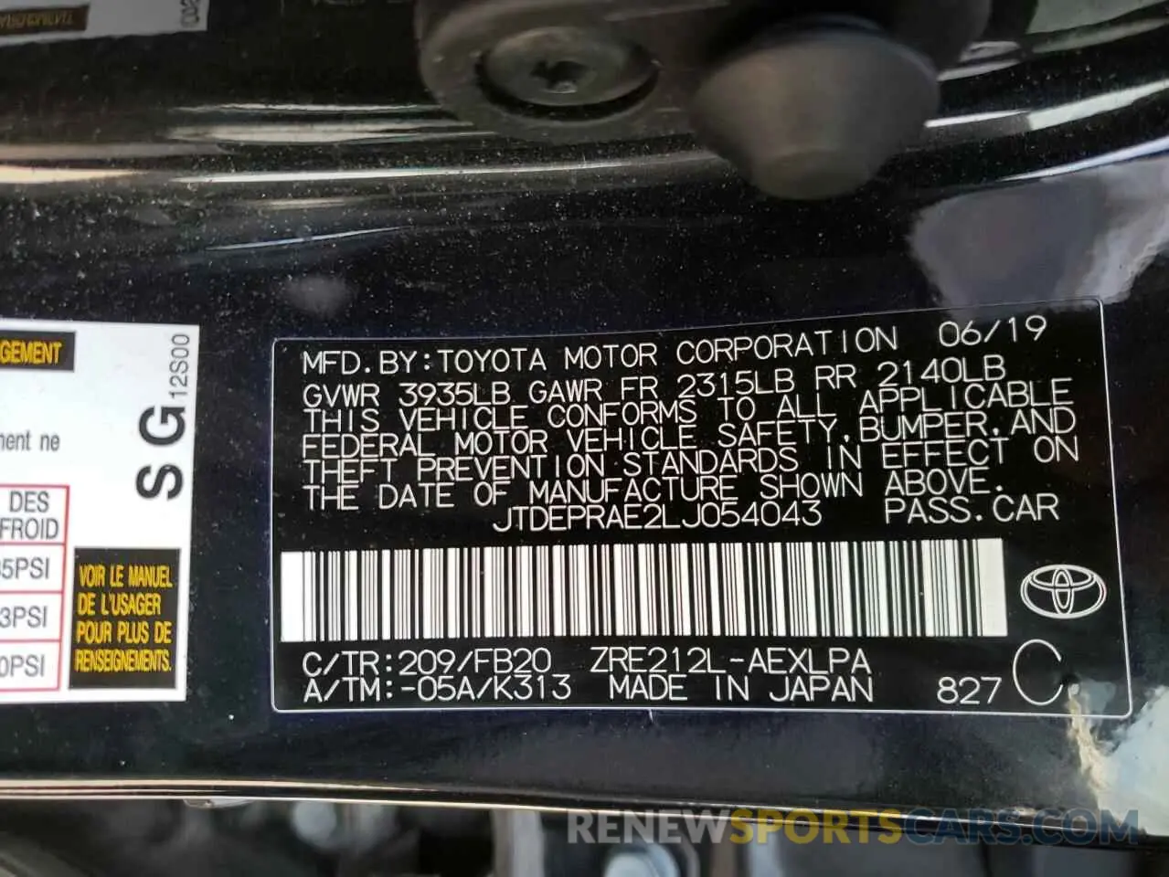 10 fotografías del automóvil dañado JTDEPRAE2LJ054043 TOYOTA COROLLA 2020