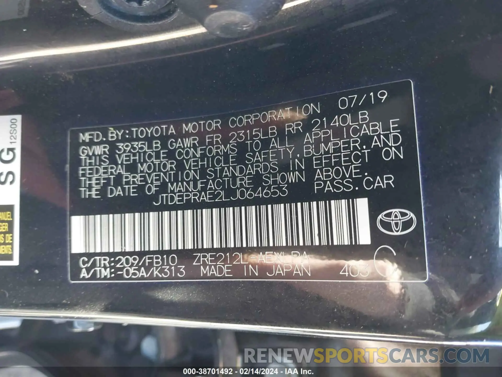 9 fotografías del automóvil dañado JTDEPRAE2LJ064653 TOYOTA COROLLA 2020